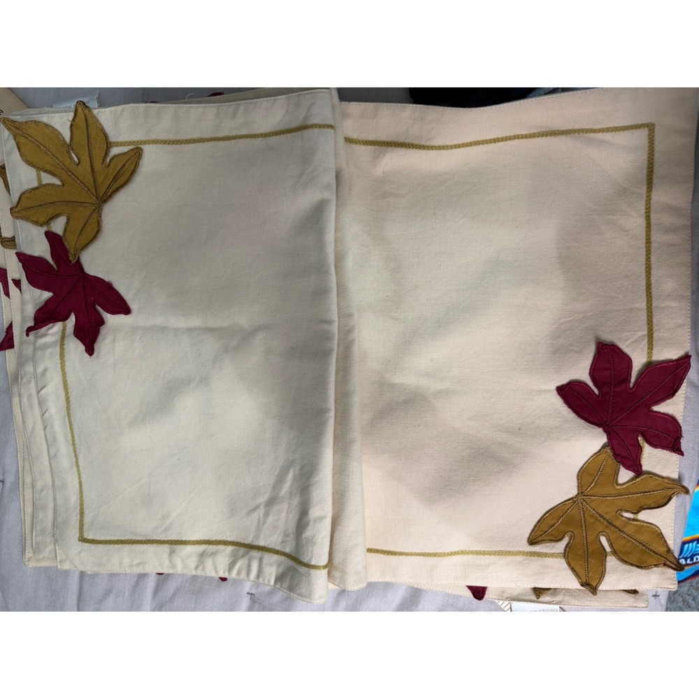 4-Williams Sonoma Fall Leaf Applique Cotton Placemats Cream Burgundy Gold